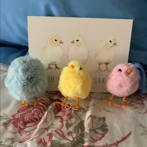 Set of Three Plush Chicks - Blue, Yellow, Pink With A decorative Chic Board
